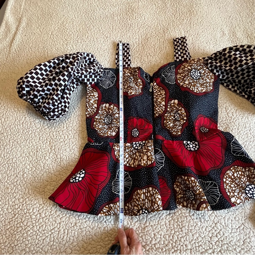 Homemade Custom Off Shoulder Top - Red‎ & Black Cinch Waist Puff Sleeves - Picture 11 of 13